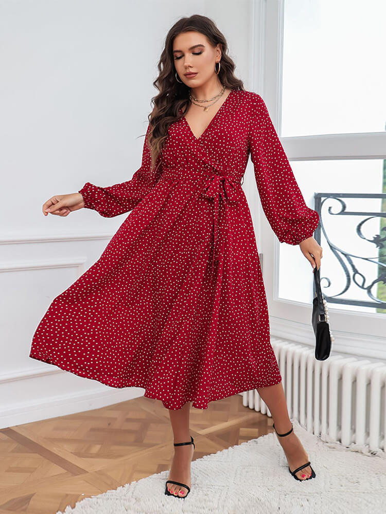 Plus Polka Dot V-Neck Knot Side Wrap Midi Dresses