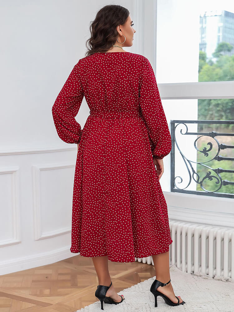 Plus Polka Dot V-Neck Knot Side Wrap Midi Dresses