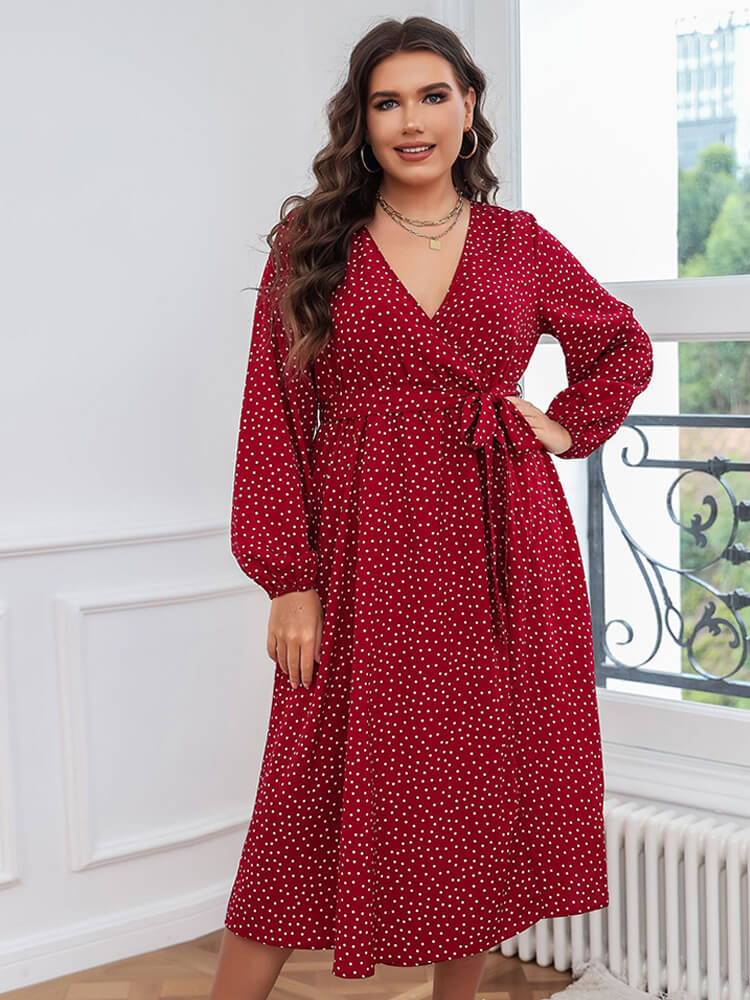 Plus Polka Dot V-Neck Knot Side Wrap Midi Dresses