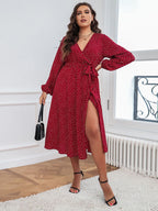 Plus Polka Dot V-Neck Knot Side Wrap Midi Dresses