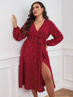 Plus Polka Dot V-Neck Knot Side Wrap Midi Dresses