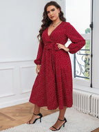 Plus Polka Dot V-Neck Knot Side Wrap Midi Dresses