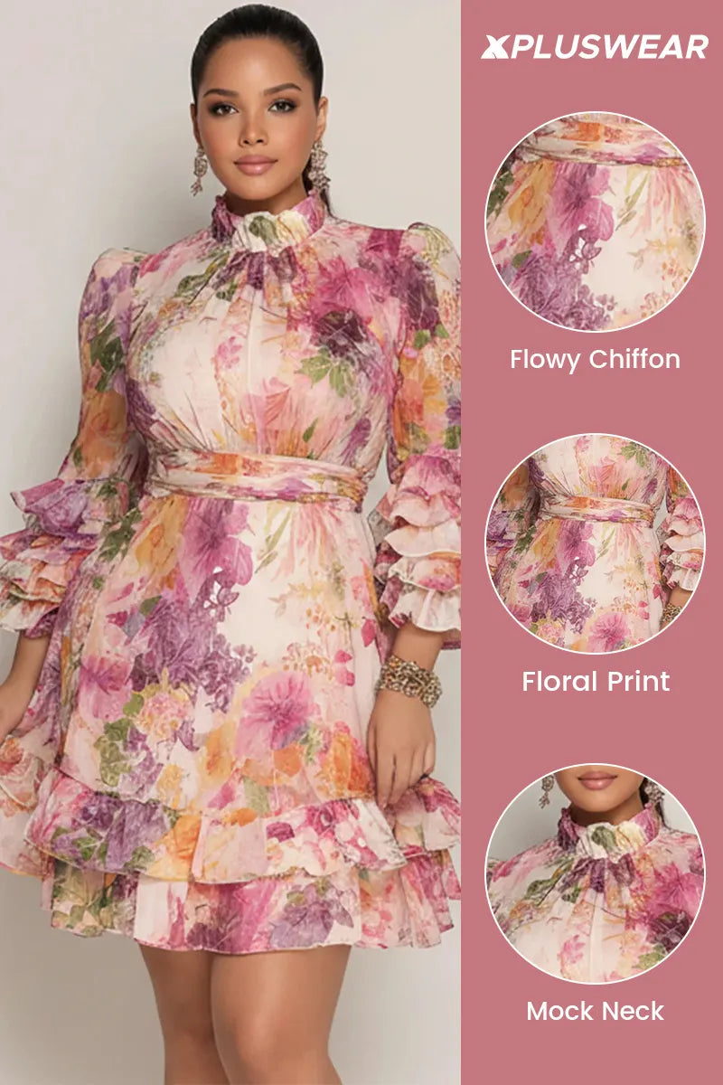 Xpluswear Design Plus Size Wedding Guest Pink Floral Mock Neck 3/4 Sleeve Ruffle Chiffon Mini Dresses
