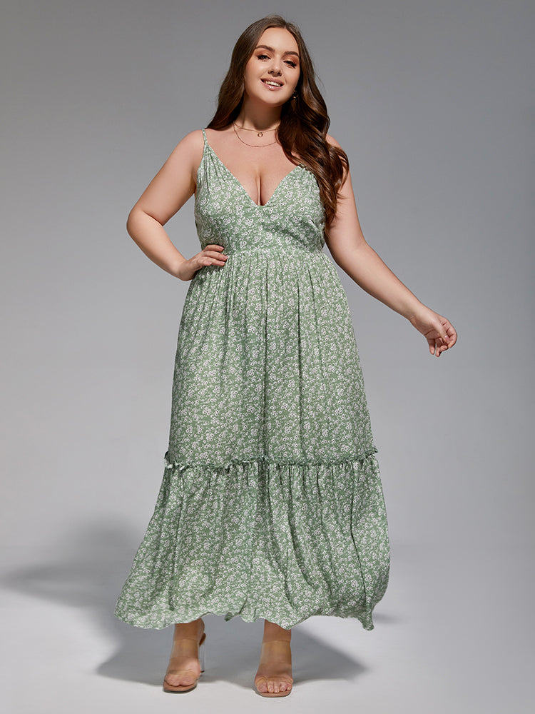 Plus Floral Spaghetti Strap Frill Trim Maxi Dress