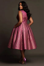 Xpluswear Design Plus Size Cocktail Party Elegant Hot Pink V Neck Pocket Pleated Satin Midi Dresses