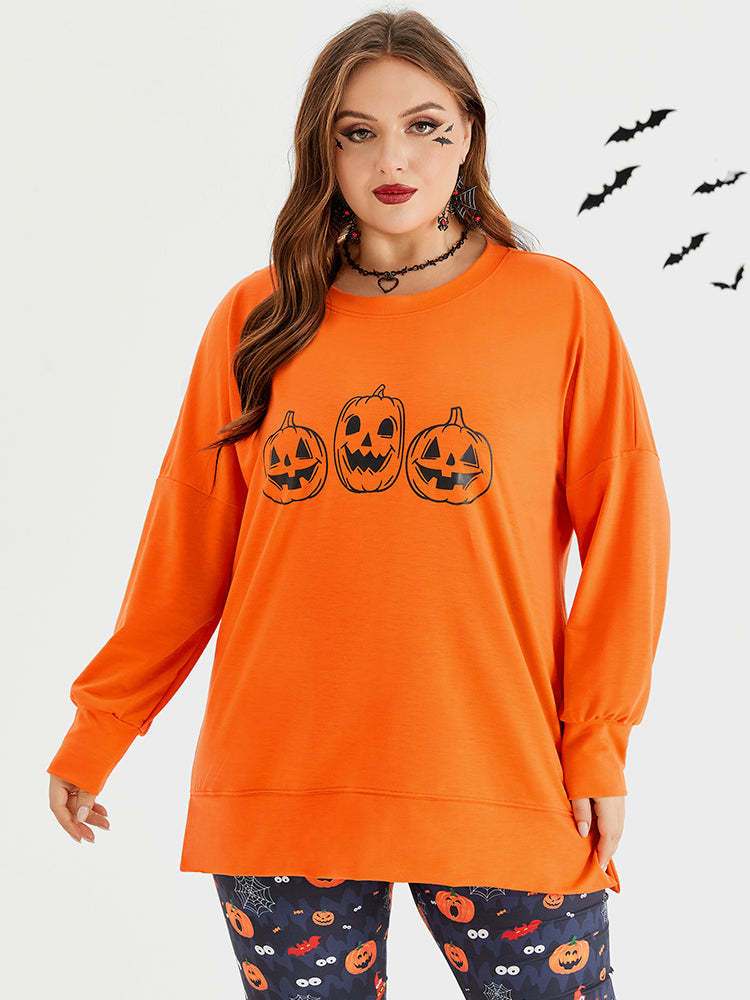 Halloween Pumpkin Print Drop Shoulder Sweatshirt