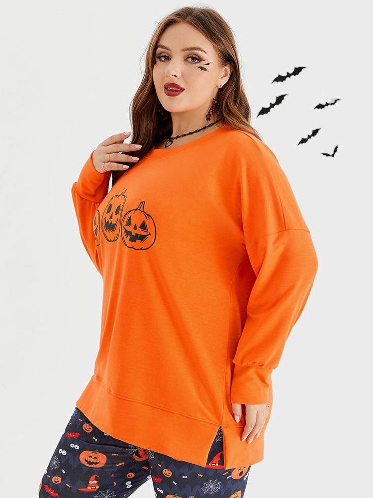 Halloween Pumpkin Print Drop Shoulder Sweatshirt