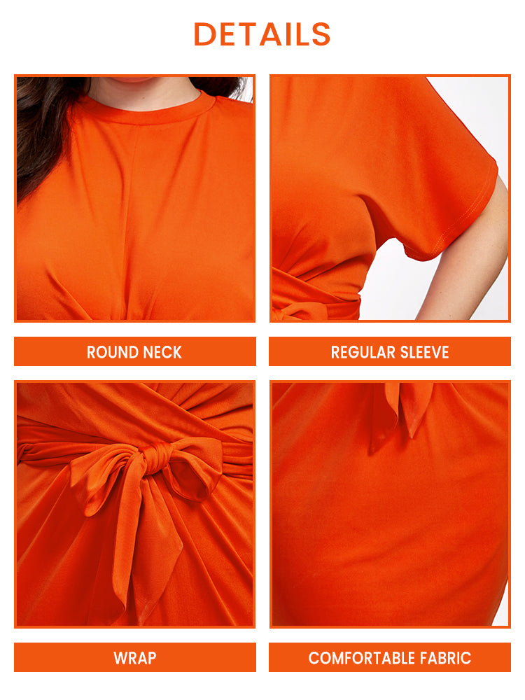 Plus Orange Round Neck Tie Front Dress
