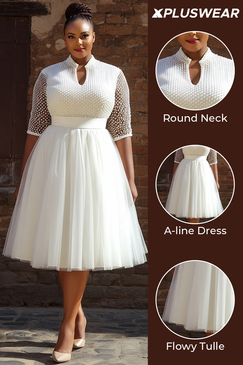 Xpluswear Design Plus Size Wedding White Round Neck Short Sleeve See Through Tulle Midi Dresses