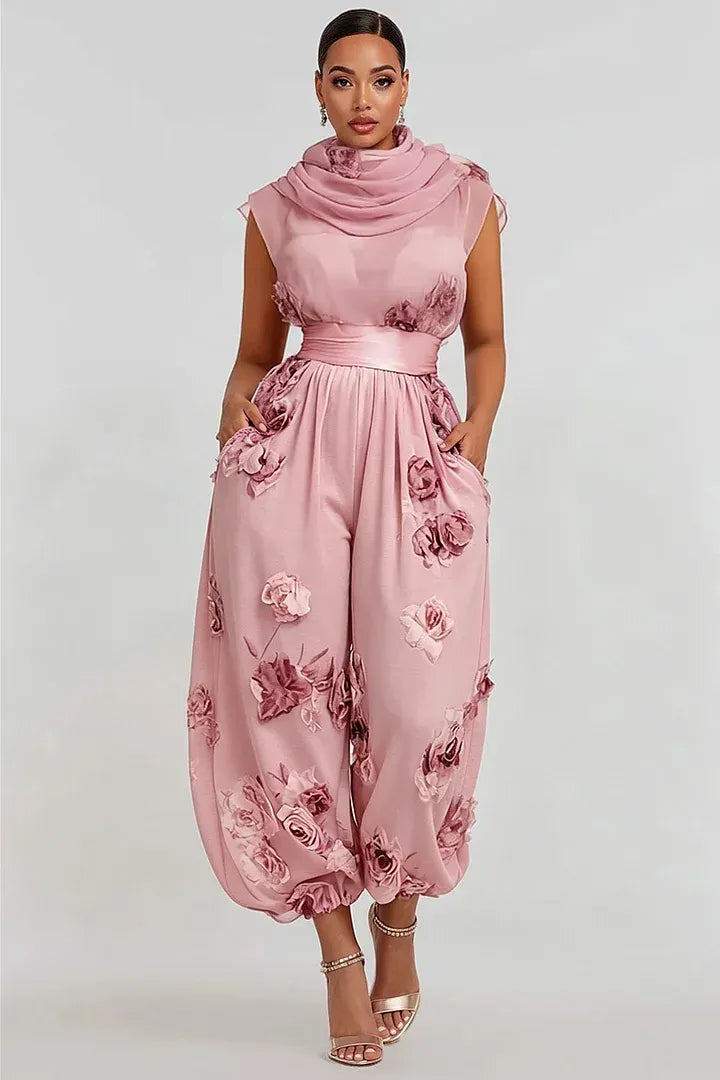 Xpluswear Design Plus Size Wedding Guest Pink Floral Cowl Neck Pocket Chiffon Jumpsuits