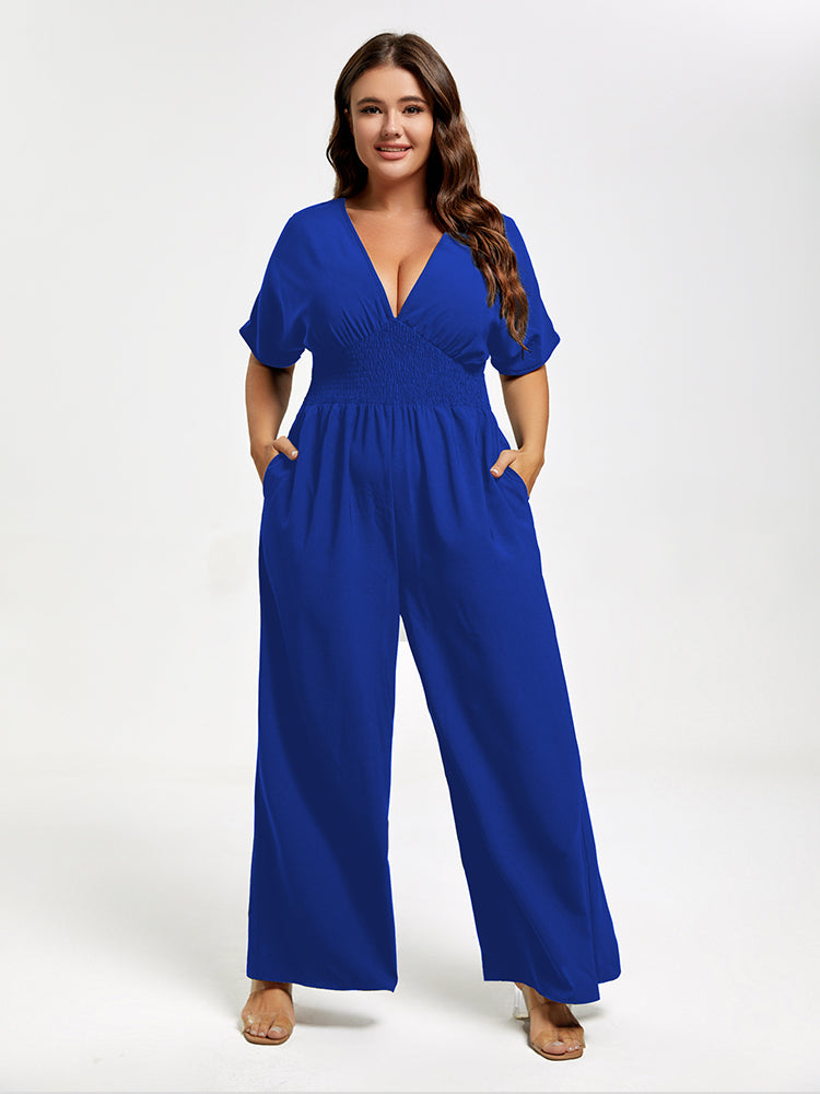 VIP Plus V Neck Dolman Sleeve Pocket Shirred Wide Leg Jumpsuit