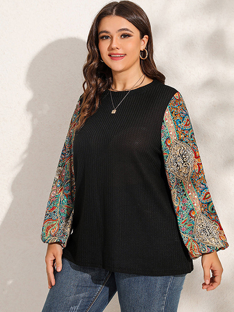 Plus Graphic Print Patchwork Lantern Sleeve T-Shirts