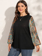 Plus Graphic Print Patchwork Lantern Sleeve T-Shirts