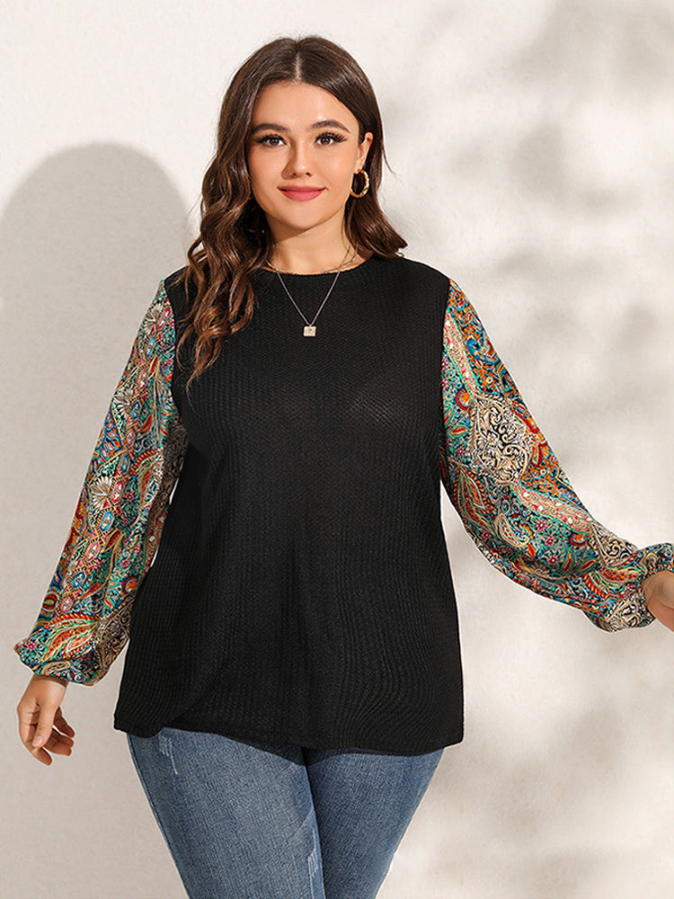 Plus Graphic Print Patchwork Lantern Sleeve T-Shirts