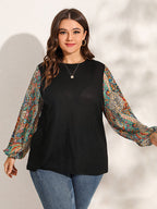 Plus Graphic Print Patchwork Lantern Sleeve T-Shirts