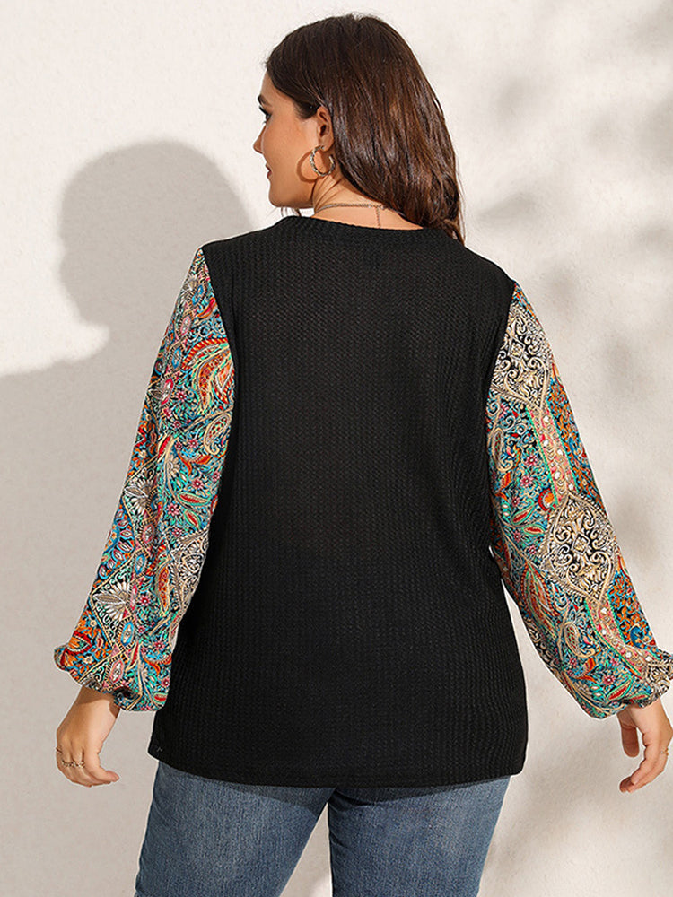Plus Graphic Print Patchwork Lantern Sleeve T-Shirts