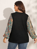 Plus Graphic Print Patchwork Lantern Sleeve T-Shirts