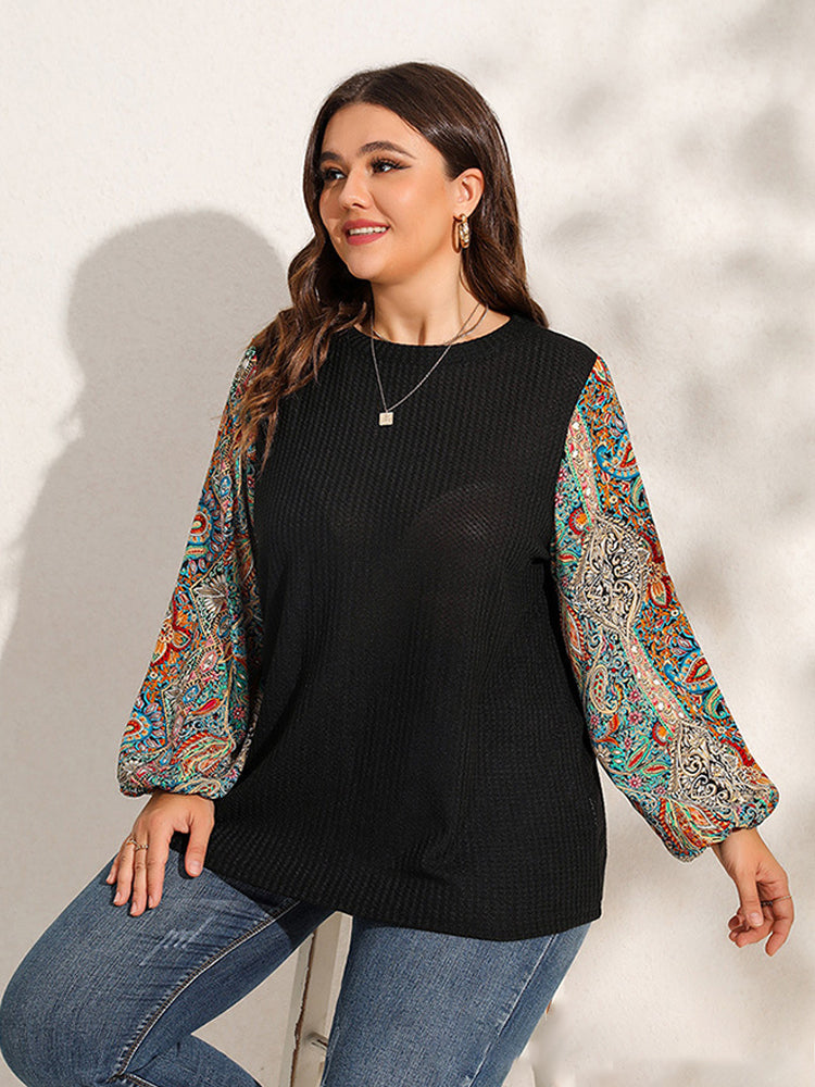 Plus Graphic Print Patchwork Lantern Sleeve T-Shirts