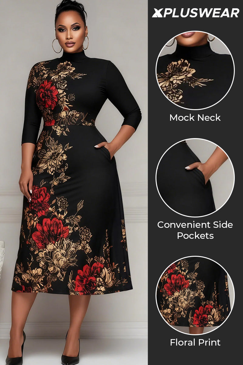 Xpluswear Design Plus Size Business Casual Black Floral Round Neck Long Sleeve Pocket Elegant Midi Dresses
