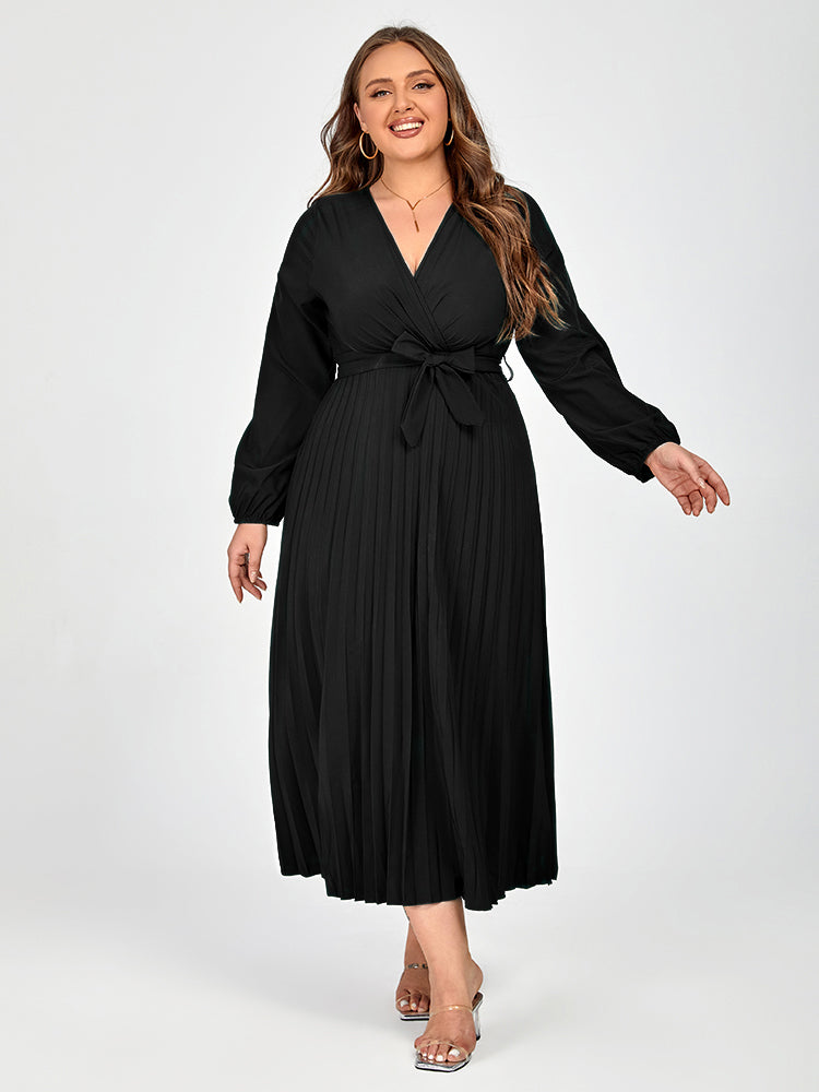 Plus V-Neck Belted Lantern Sleeve Maxi Dress