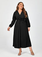 Plus V-Neck Belted Lantern Sleeve Maxi Dress