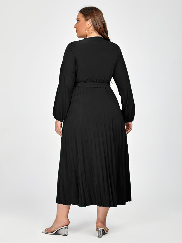 Plus V-Neck Belted Lantern Sleeve Maxi Dress
