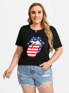 Plus Black Color Tongue Print Round Neck Graphic Tee