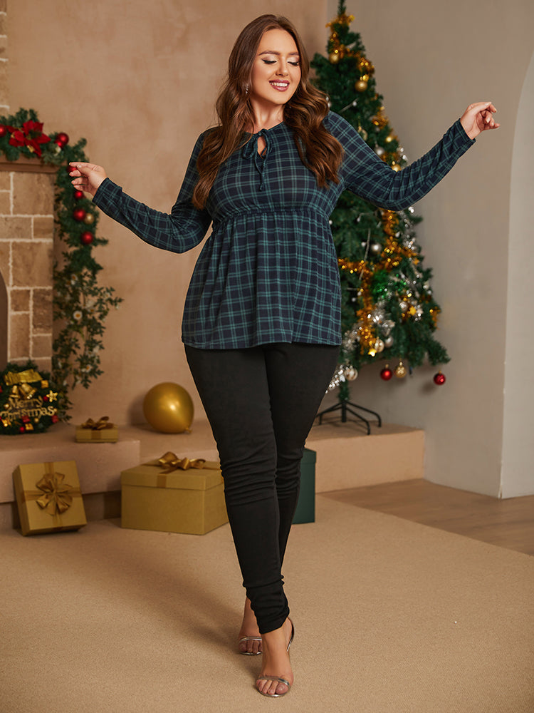 Plus Plaid Neck Tie Elastic Waist Blouse