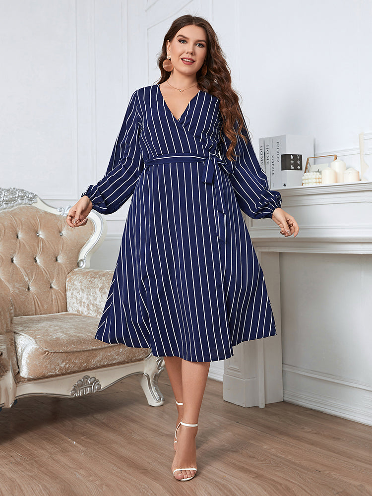 Plus Blue Striped Crisscross Wrap Midi Dress