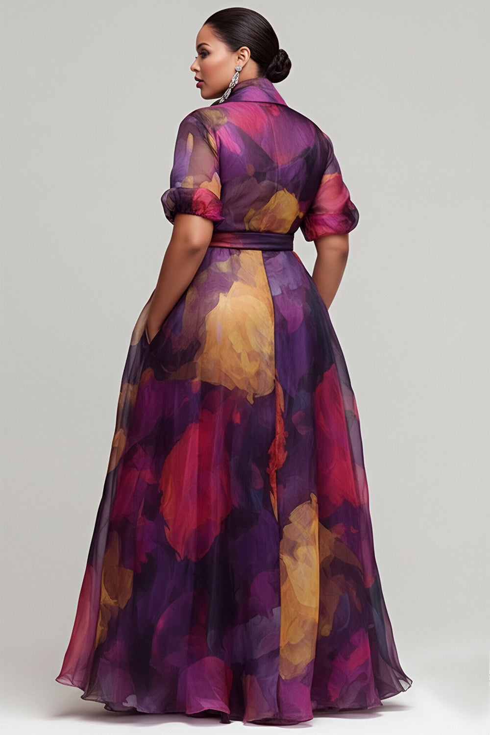 Xpluswear Design Plus Size Formal Purple Floral Short Sleeve Pocket Organza Maxi Dresses