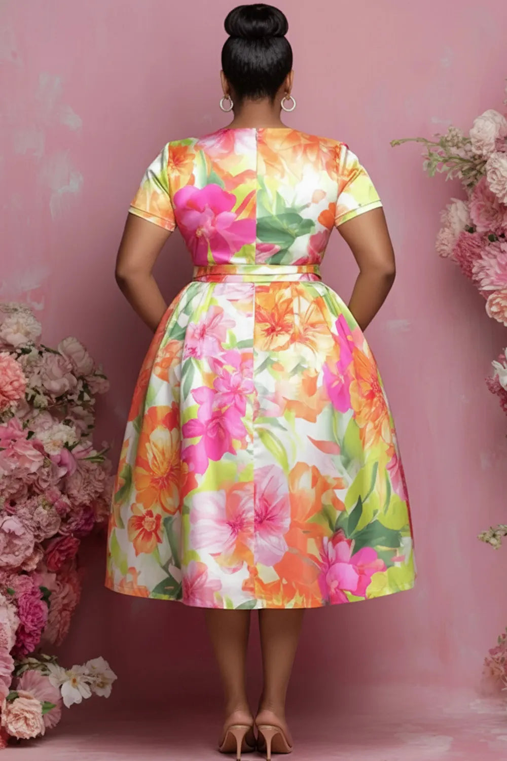 Xpluswear Design Plus Size Wedding Guest Multicolor Floral Round Neck Short Sleeve Pocket Wrap Satin Midi Dresses