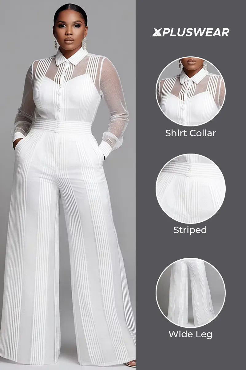 Xpluswear Design Plus Size Business Casual White Striped Shirt Collar Long Sleeve See Through Wide Leg Two Piece Pant Sets