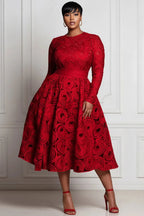 Xpluswear Design Plus Size Red All Over Print Round Neck Long Sleeve Pocket Elegant Satin Midi Dresses