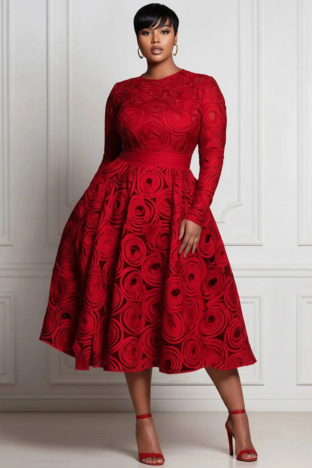 Xpluswear Design Plus Size Red All Over Print Round Neck Long Sleeve Pocket Elegant Satin Midi Dresses