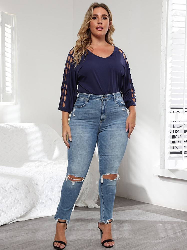 Plus Cut Out Sleeve V Neck Tee
