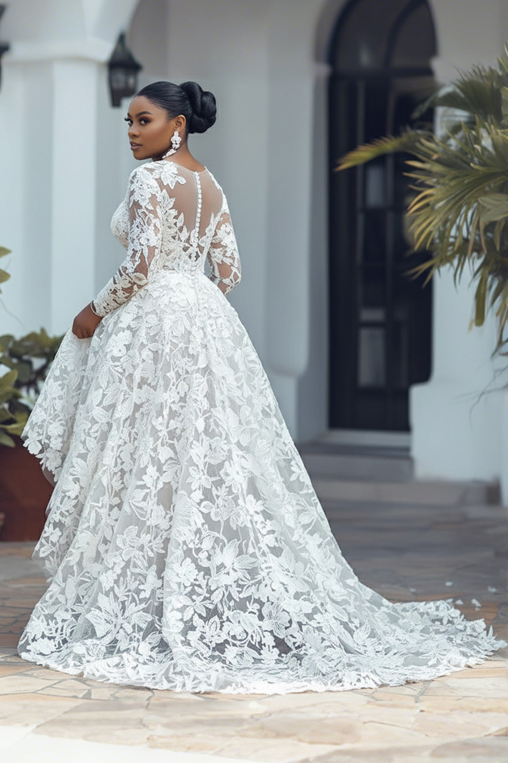 Xpluswear Design Plus Size Wedding White Round Neck Long Sleeve See Through High Low Hem Guipure Lace Midi Dresses