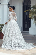 Xpluswear Design Plus Size Wedding White Round Neck Long Sleeve See Through High Low Hem Guipure Lace Midi Dresses