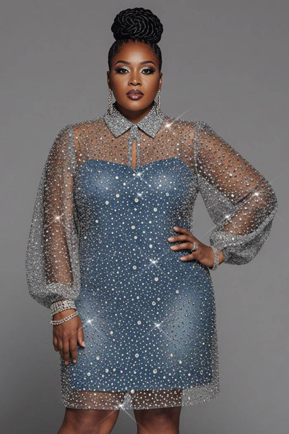 Xpluswear Design Plus Size Party Blue Shirt Collar Long Sleeve See Through Sequin Mini Dresses