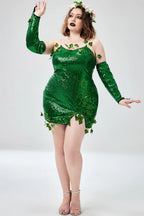 Xpluswear Design Plus Size Halloween Costumes Green Cosplay Sequin Strapless Mini Dress(Ships 24h)