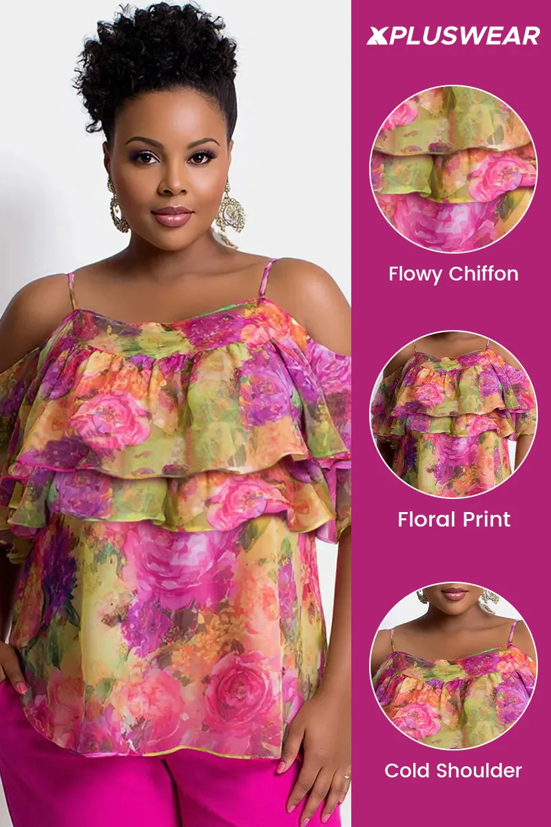Xpluswear Design Plus Size Vacation Multicolor Floral Cold Shoulder Short Sleeve Ruffle Chiffon Tops