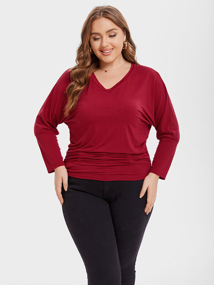 V-Neck Batwing Sleeve Ruched Tee