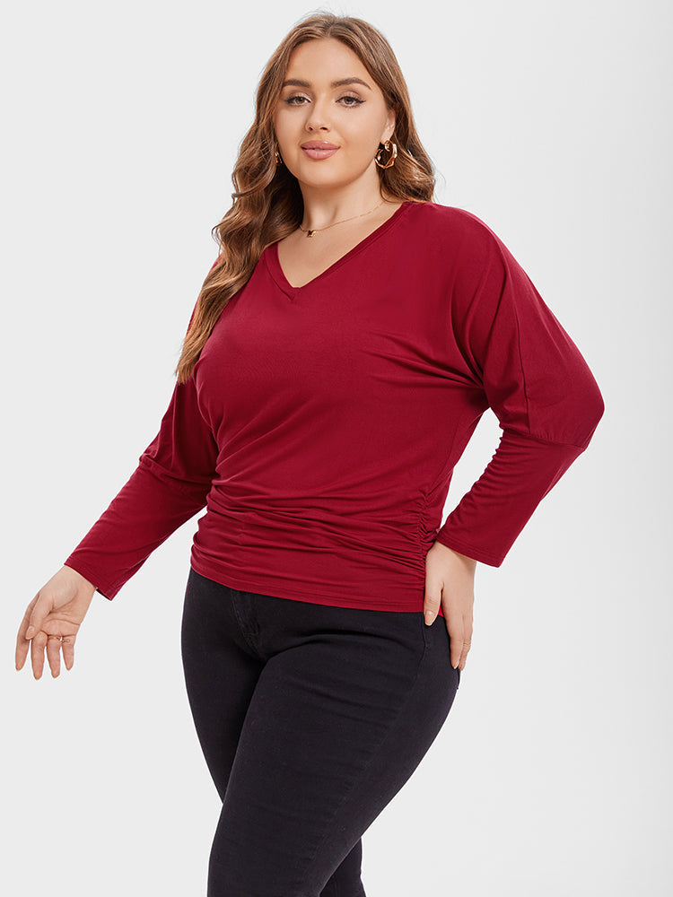 V-Neck Batwing Sleeve Ruched Tee