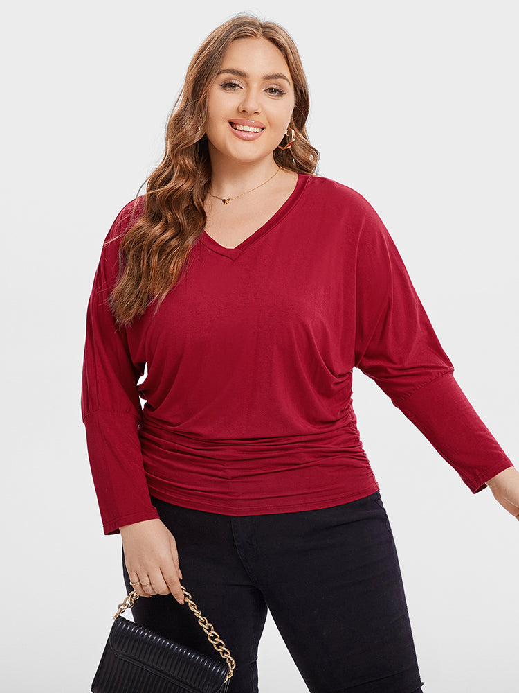 V-Neck Batwing Sleeve Ruched Tee
