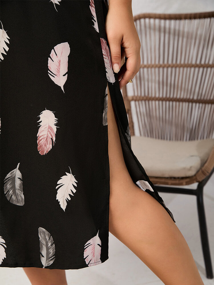 Plus Feather Floral Roll Collar Button Front Knot Side Slit Midi Dress