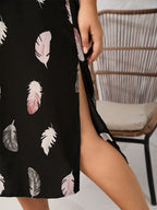 Plus Feather Floral Roll Collar Button Front Knot Side Slit Midi Dress