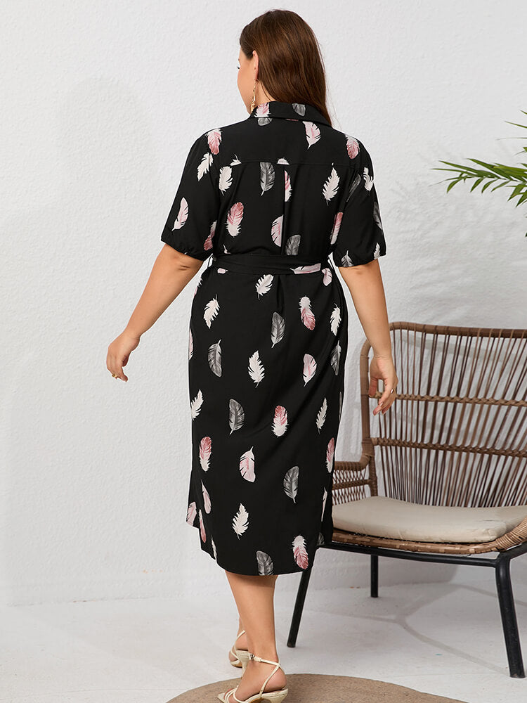 Plus Feather Floral Roll Collar Button Front Knot Side Slit Midi Dress