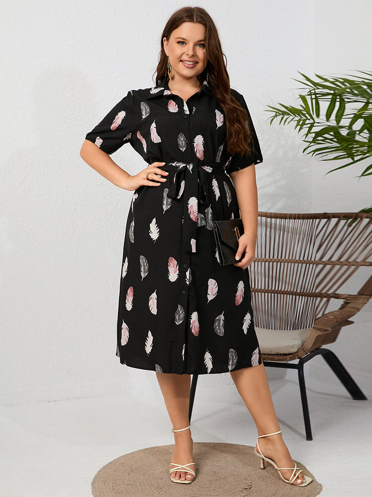 Plus Feather Floral Roll Collar Button Front Knot Side Slit Midi Dress