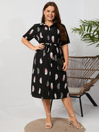 Plus Feather Floral Roll Collar Button Front Knot Side Slit Midi Dress