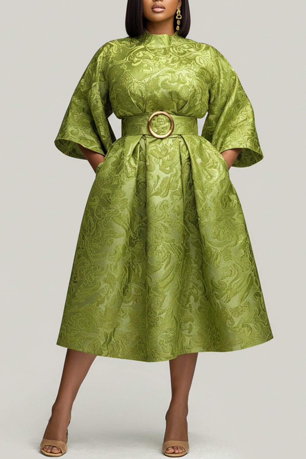 Xpluswear Design Plus Size Wedding Guest Green Round Neck 3/4 Sleeve Pocket Midi Dresses