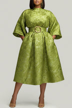 Xpluswear Design Plus Size Wedding Guest Green Round Neck 3/4 Sleeve Pocket Midi Dresses